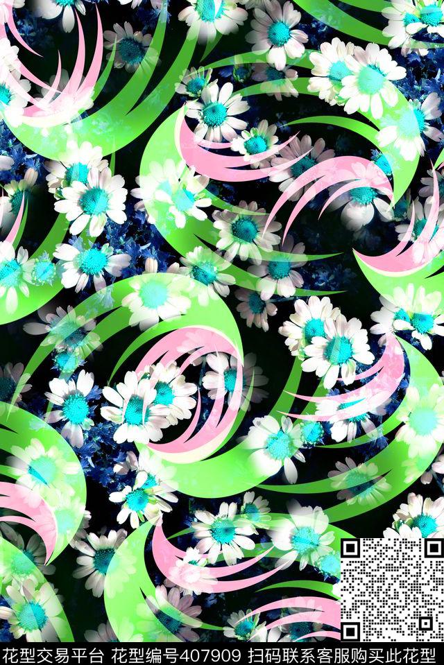 抽象 几何 花卉   - 407909 - 戏曲人物 中国风 脸谱 - 数码印花花型 － 女装花型设计 － 瓦栏