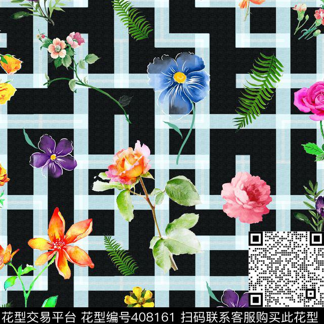 电路板纹路水彩花瓣 - 408161 - 热带雨林 花朵 花瓣 - 数码印花花型 － 女装花型设计 － 瓦栏