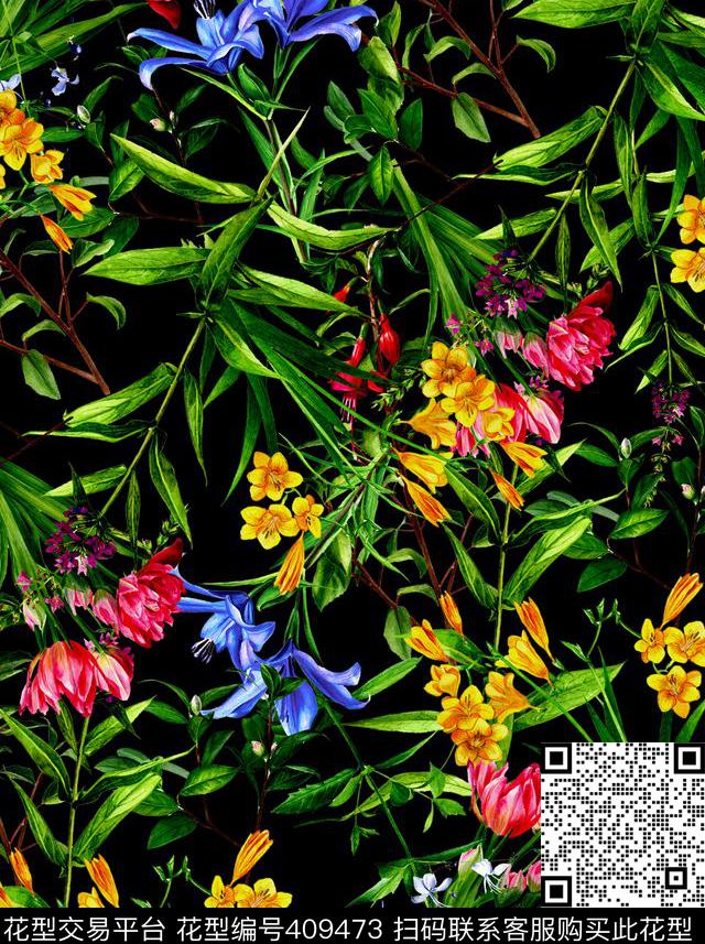 清新手绘花丛 - 409473 - 手绘 花卉 数码 - 数码印花花型 － 女装花型设计 － 瓦栏