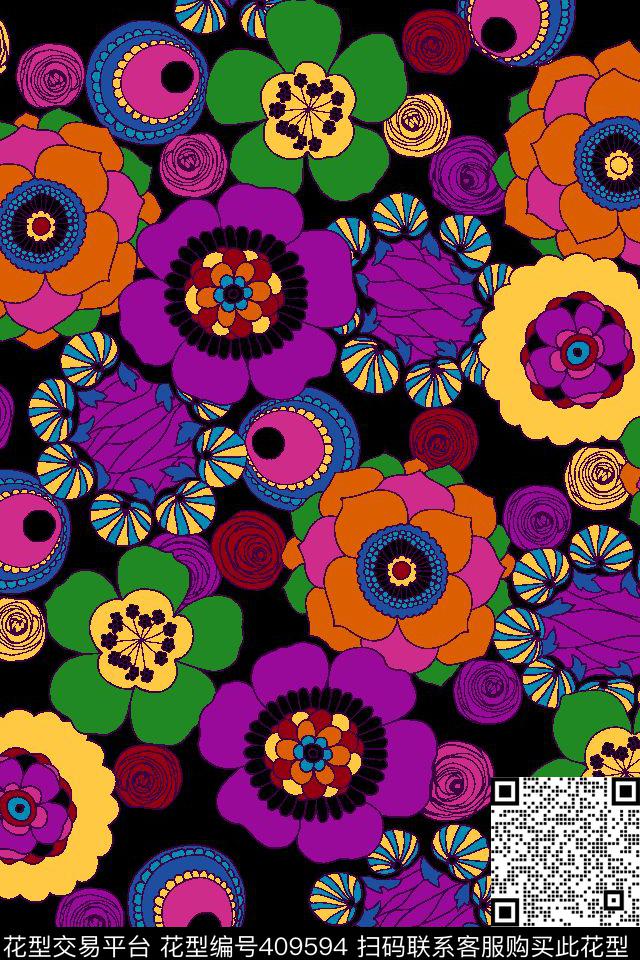 欧美抽象花卉女装家纺等 - 409594 - 欧美 花卉 抽象 - 传统印花花型 － 女装花型设计 － 瓦栏