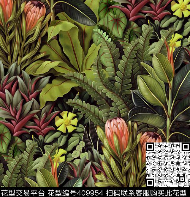油画热带丛林景色 - 409954 - 油画 景色 雨林 - 数码印花花型 － 女装花型设计 － 瓦栏