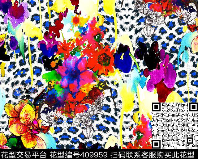 水彩花卉豹纹底 - 409959 - 水彩 花卉豹纹 数码 - 数码印花花型 － 女装花型设计 － 瓦栏