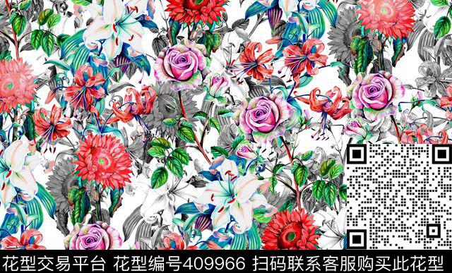 意境花丛 - 409966 - 油画 花丛 数码 - 数码印花花型 － 女装花型设计 － 瓦栏