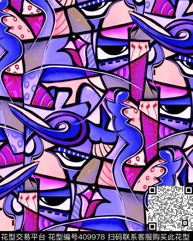 油画空间抽象五官 - 409978 - 抽象 手绘 眼镜 - 数码印花花型 － 女装花型设计 － 瓦栏