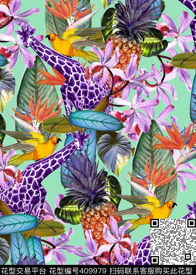 狂野热带雨林 - 409979 - 数码 热带雨林 长颈鹿 - 数码印花花型 － 女装花型设计 － 瓦栏