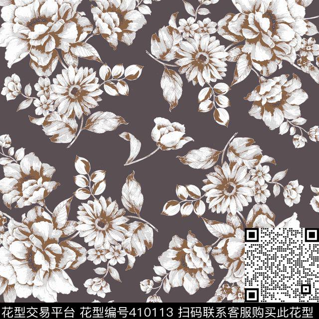 速写花卉 - 410113 - 分色植物 花卉 植物花卉 - 传统印花花型 － 床品花型设计 － 瓦栏