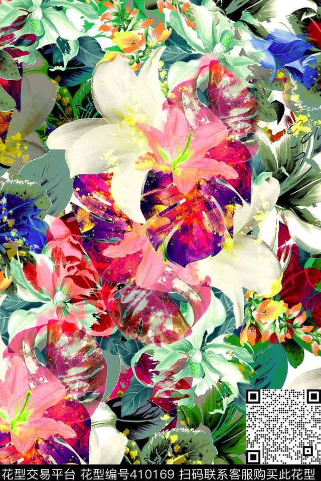 手绘花卉(无分层稿) - 410169 - 花卉 手绘 水底 - 数码印花花型 － 女装花型设计 － 瓦栏