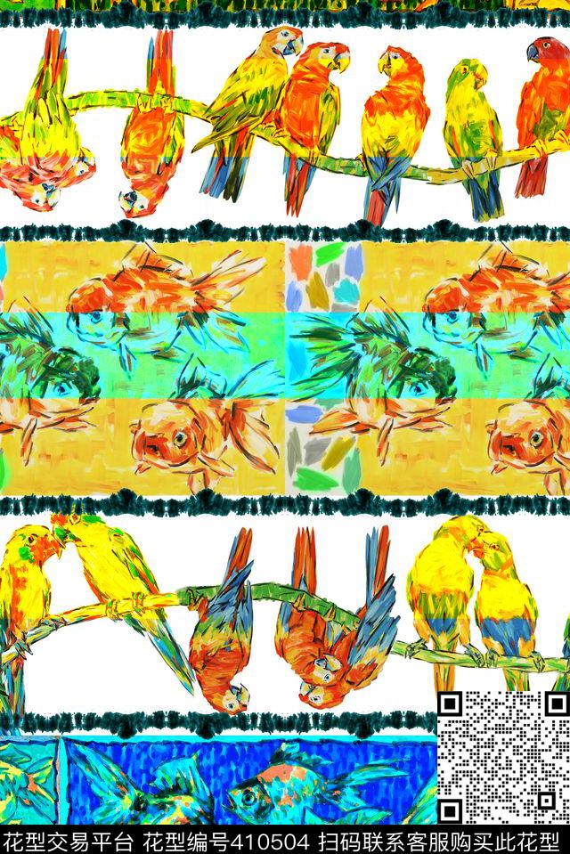 大牌女装 鸟 鹦鹉 金鱼  - 410504 - 戏曲人物 中国风 脸谱 - 数码印花花型 － 女装花型设计 － 瓦栏