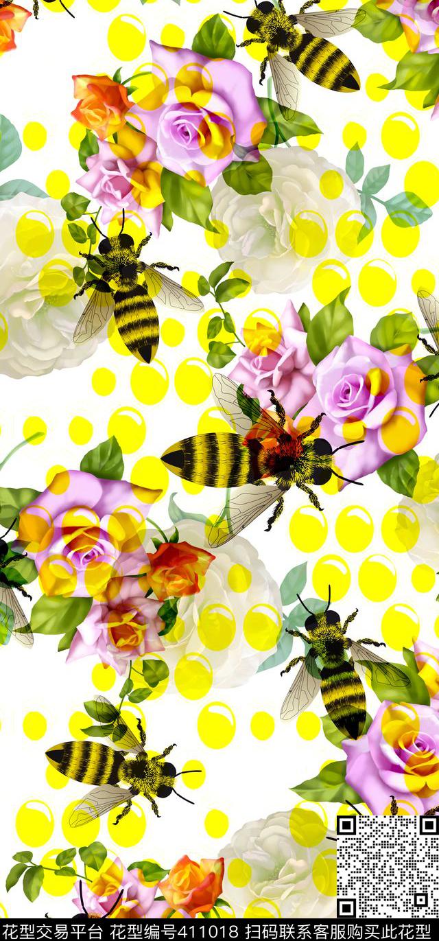 2015021103-a - 411018 - 清新 花卉 蜜蜂 - 数码印花花型 － 女装花型设计 － 瓦栏