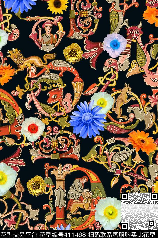 男装 复古文字 花卉  - 411468 - 戏曲人物 中国风 脸谱 - 数码印花花型 － 女装花型设计 － 瓦栏