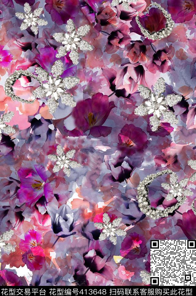 数码印花，珠宝宝石装饰 - 413648 - 数码印花 珠宝宝石 珠宝组合 - 数码印花花型 － 女装花型设计 － 瓦栏