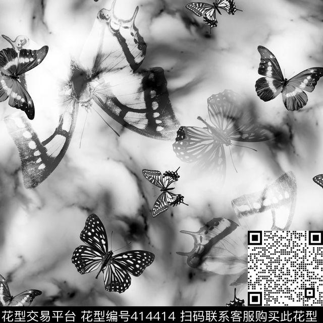 复古文艺男装灰白蝴蝶组合 - 414414 - 男装、动物 黑白 蝴蝶 - 数码印花花型 － 男装花型设计 － 瓦栏