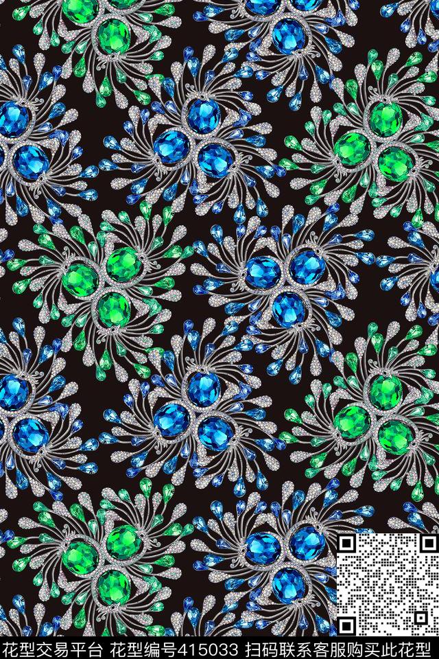 珠宝宝石拟态花卉女装半身裙连衣裙花型 - 415033 - 半身裙 衬衫 蓝宝石 - 数码印花花型 － 女装花型设计 － 瓦栏