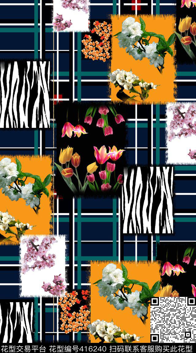 方格 写实花卉 - 416240 - 花朵 时尚 花卉 - 数码印花花型 － 女装花型设计 － 瓦栏