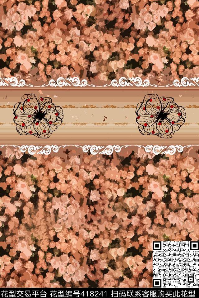 夕阳蔷薇 - 418241 - 花卉 欧式 田园 - 传统印花花型 － 床品花型设计 － 瓦栏