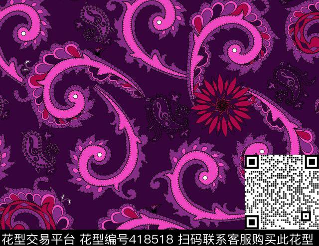 腰果 - 418518 - 腰果 紫色调 - 传统印花花型 － 女装花型设计 － 瓦栏