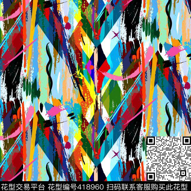 油画抽象几何 - 418960 - 油画 抽象 抽象画 - 传统印花花型 － 女装花型设计 － 瓦栏