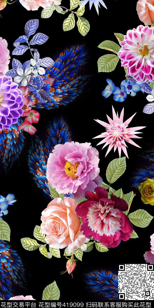 黑底个性花卉 - 419099 - 时尚 花 - 数码印花花型 － 女装花型设计 － 瓦栏