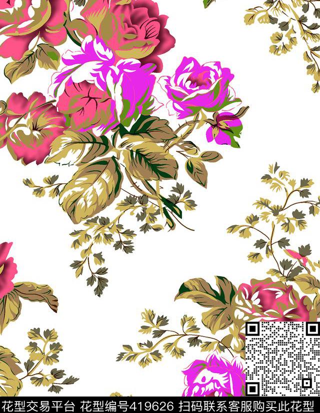 flower design - 419626 - design printing textile - 传统印花花型 － 床品花型设计 － 瓦栏