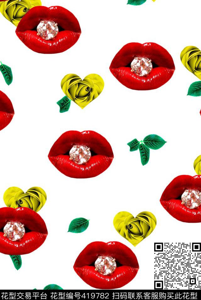 玫瑰红唇珠宝清新花型组合 - 419782 - 玫瑰 红唇 珠宝 - 数码印花花型 － 女装花型设计 － 瓦栏