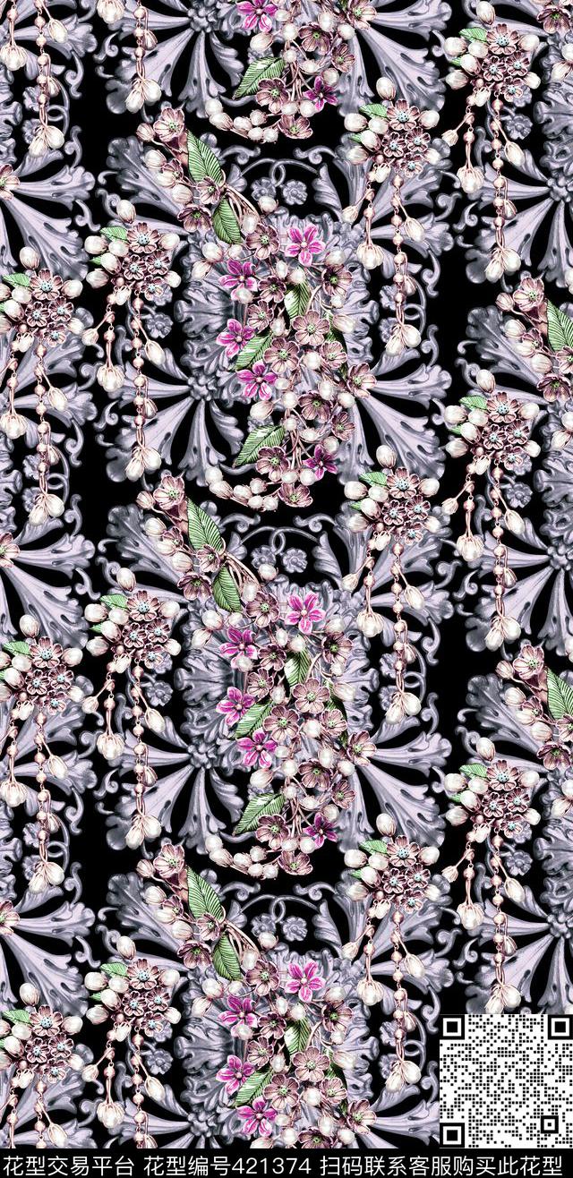 方格个性珠宝风 - 421374 - 蓝紫美 珠宝 珠宝风 - 数码印花花型 － 女装花型设计 － 瓦栏