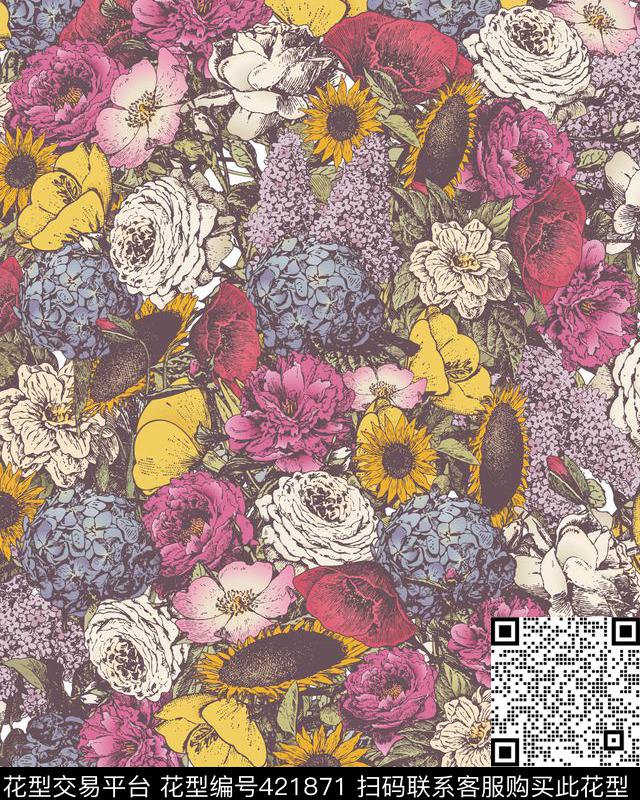 花与爱丽丝 - 421871 - 花卉 手绘 复古 - 数码印花花型 － 女装花型设计 － 瓦栏