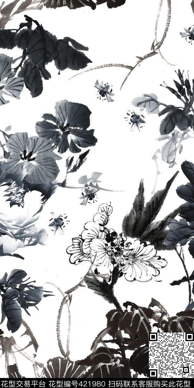 水墨 花卉  服装 - 421980 - 水墨 花卉 服装 - 传统印花花型 － 女装花型设计 － 瓦栏