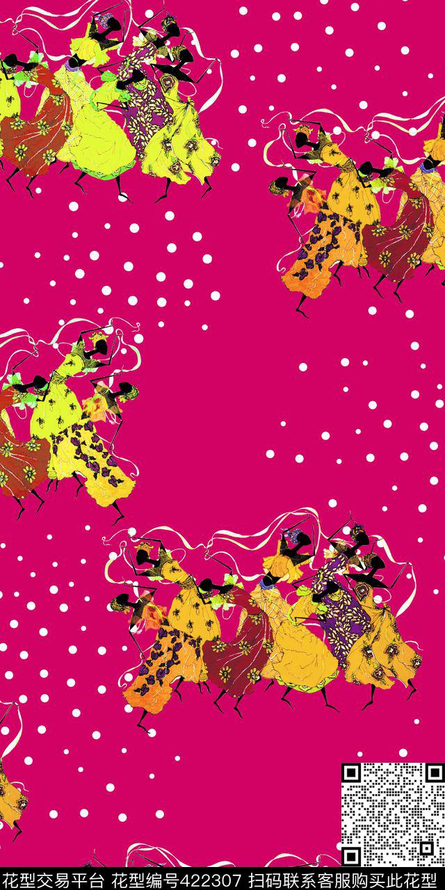 飘逸舞者 - 422307 - 彩色人物图 时尚 - 数码印花花型 － 女装花型设计 － 瓦栏