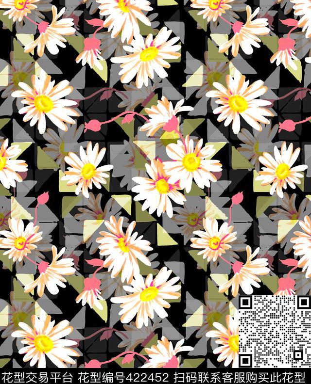 3d雏菊 - 422452 - 几何 雏菊 藤蔓 错位 叠加 三角 未来感 - 传统印花花型 － 女装花型设计 － 瓦栏