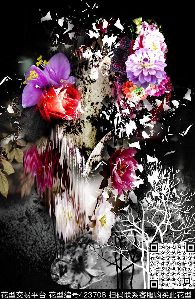 花魂CD0420 - 423708 - 抽象 朵花 叶脉 - 数码印花花型 － 女装花型设计 － 瓦栏