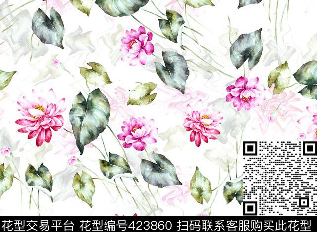 中国风手绘荷花数码印花 - 423860 - 荷花 花卉 手绘 - 数码印花花型 － 女装花型设计 － 瓦栏