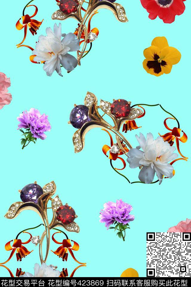 DX0050 - 423869 - 花朵 散花 珠宝 - 数码印花花型 － 女装花型设计 － 瓦栏