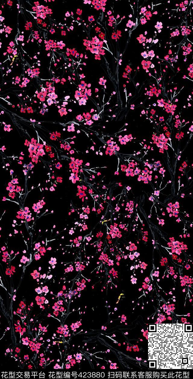 中国风桃花手绘花卉数码印花 - 423880 - 花卉 流行时尚 手绘 - 数码印花花型 － 女装花型设计 － 瓦栏