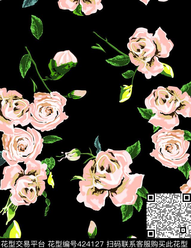 花长袖衣服循环 - 424127 - 花 美丽 循环 - 传统印花花型 － 女装花型设计 － 瓦栏