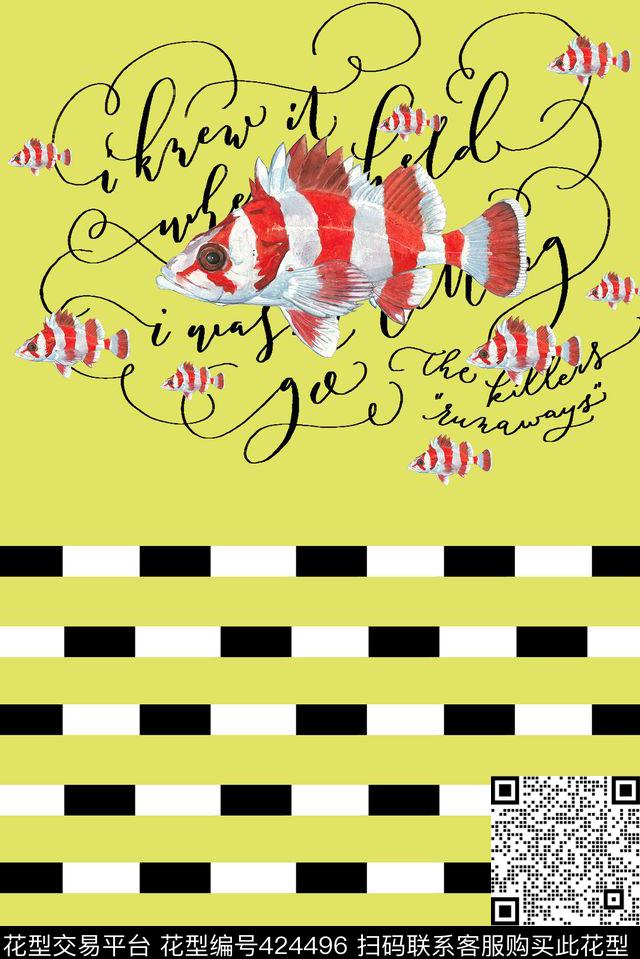 海洋主题热带鱼条纹鱼字母文字鱼组合男装衬衣女装内衣泳装连衣裙 - 424496 - 海洋 主题 热带鱼 - 数码印花花型 － 女装花型设计 － 瓦栏