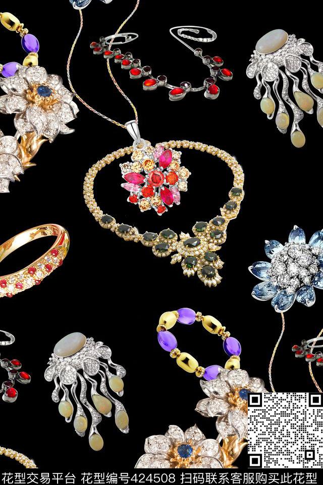 DF0134 - 424508 - 首饰 素色底 珠宝宝石 - 数码印花花型 － 女装花型设计 － 瓦栏