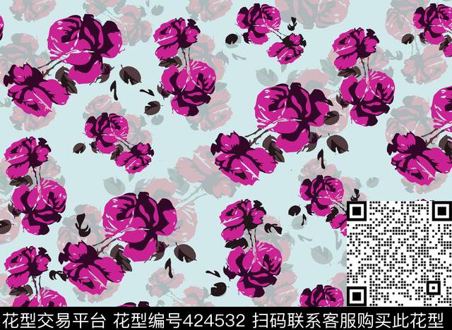 手绘玫瑰花数码印花 - 424532 - 花卉 玫瑰花 手绘 - 传统印花花型 － 女装花型设计 － 瓦栏