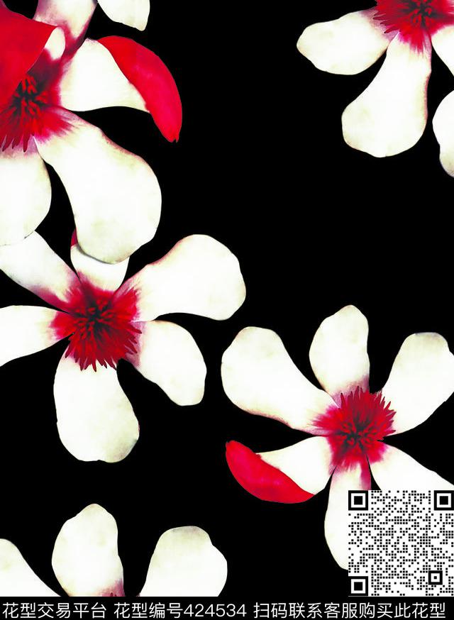 白红花 - 424534 - 白花 红花 循环 - 数码印花花型 － 女装花型设计 － 瓦栏