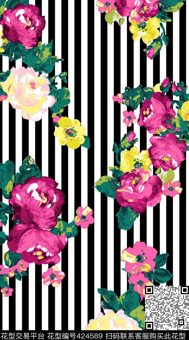 满版花卉条纹设计 - 424589 - 花卉 条纹 田园风 花卉 - 传统印花花型 － 女装花型设计 － 瓦栏