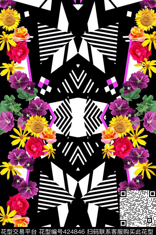 花的阶梯 - 424846 - 花的阶梯 花卉 几何 - 数码印花花型 － 女装花型设计 － 瓦栏