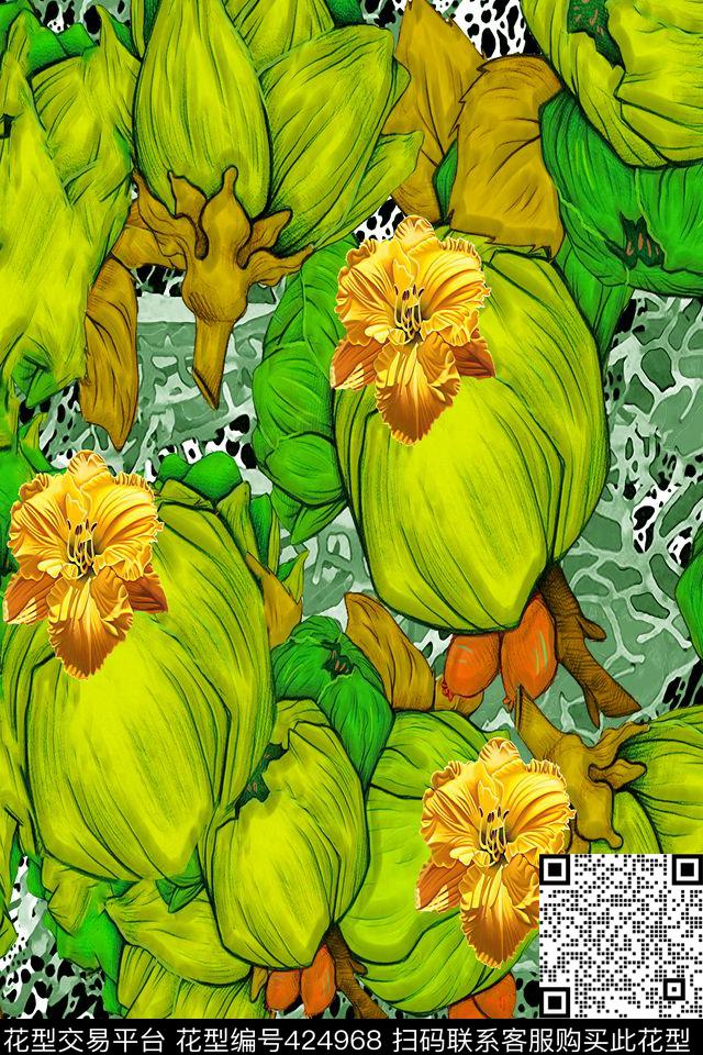 春暖花开 - 424968 - 动物纹 花 热带风情 - 数码印花花型 － 女装花型设计 － 瓦栏