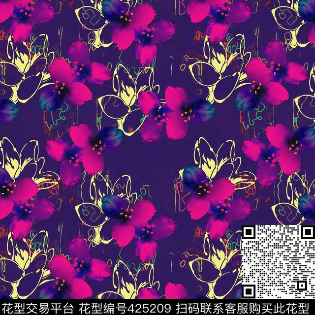 抽象花卉系列 - 425209 - 花瓣 花卉 紫色 - 数码印花花型 － 女装花型设计 － 瓦栏