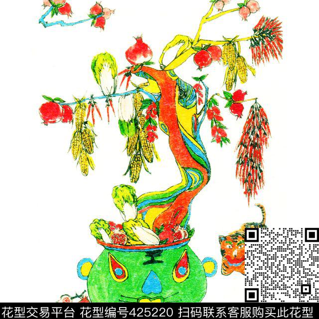 手绘个性卡通创意中国民间传统丝巾 - 425220 - 彩绘 个性 创意 - 传统印花花型 － 方巾花型设计 － 瓦栏