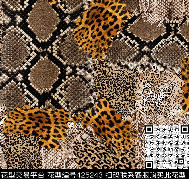 丛林混搭豹纹迷彩动物纹潮流花型 - 425243 - 豹纹 丛林混搭 动物纹 - 数码印花花型 － 女装花型设计 － 瓦栏