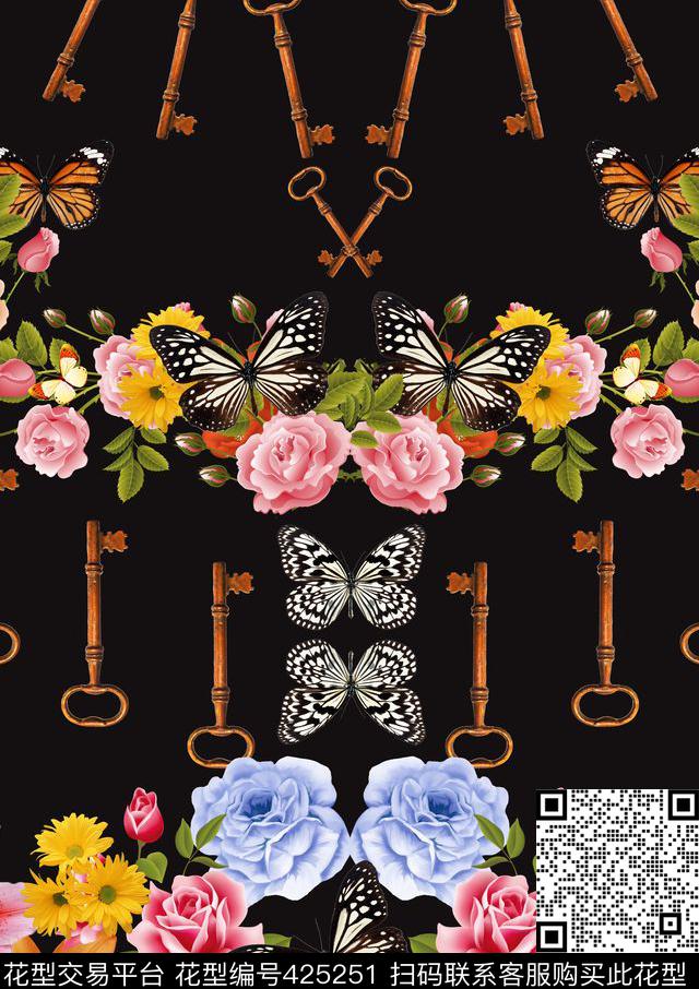 	时尚定位复古钥匙手绘花 - 425251 - 定位 复古钥匙 时尚 - 数码印花花型 － 女装花型设计 － 瓦栏