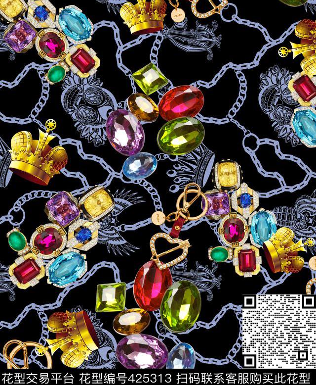 欧式钻石复古链条 - 425313 - 欧式 复古风 宝石 - 数码印花花型 － 女装花型设计 － 瓦栏