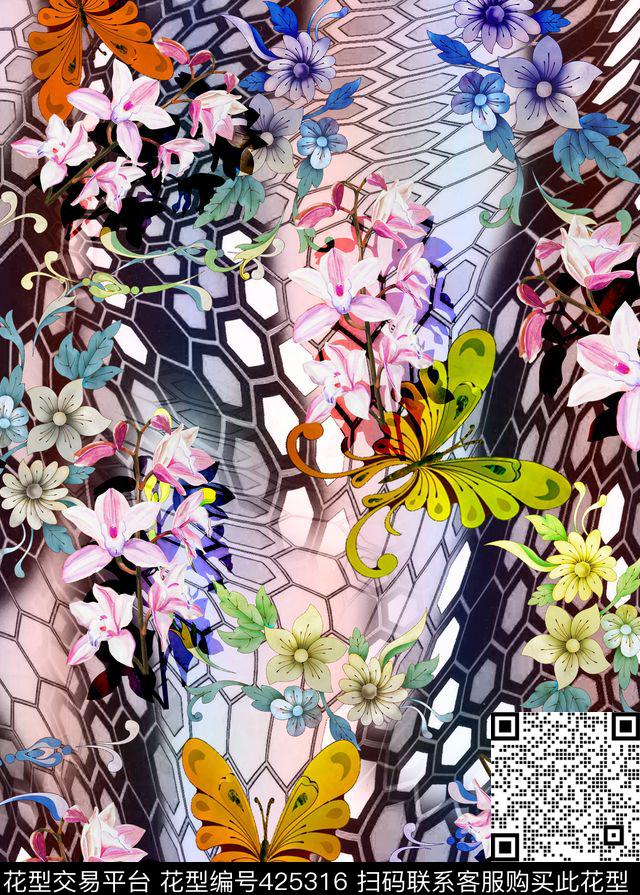 网纹蝶恋花 - 425316 - 抽象 网纹 花卉 - 数码印花花型 － 女装花型设计 － 瓦栏