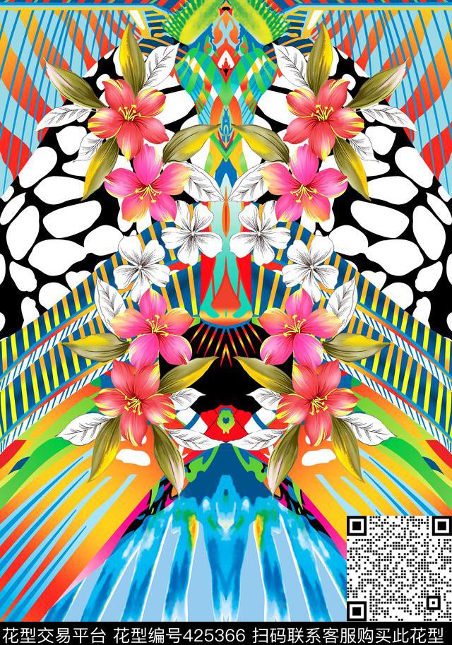 几何线条豹纹彩色水墨定位花 - 425366 - 豹纹 渐变 几何 - 数码印花花型 － 女装花型设计 － 瓦栏