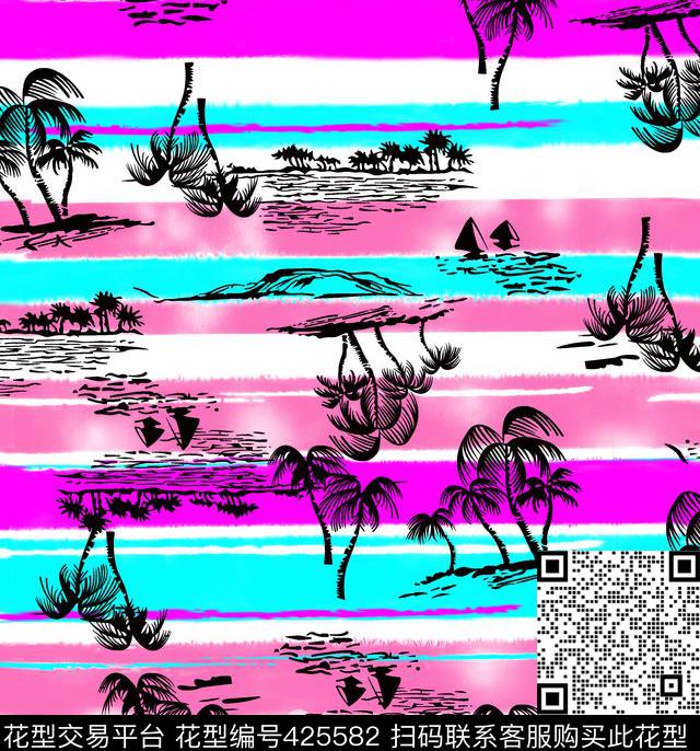 横条椰子树组合打造夏日沙滩风格 - 425582 - 热带风情 水上帆船 简单 - 传统印花花型 － 女装花型设计 － 瓦栏
