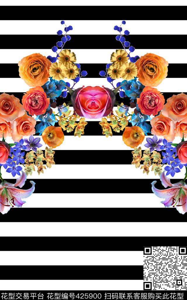 服装花型 数码印花 定位 - 425900 - 定位 条纹 花卉 - 数码印花花型 － 女装花型设计 － 瓦栏